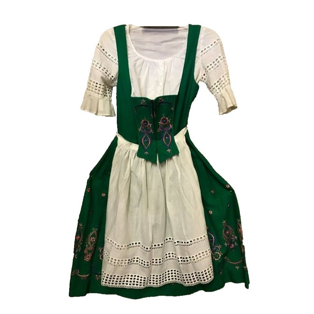 Vintage German Dirndl Dress - Green & White Bavarian Trachten Folk Dress S